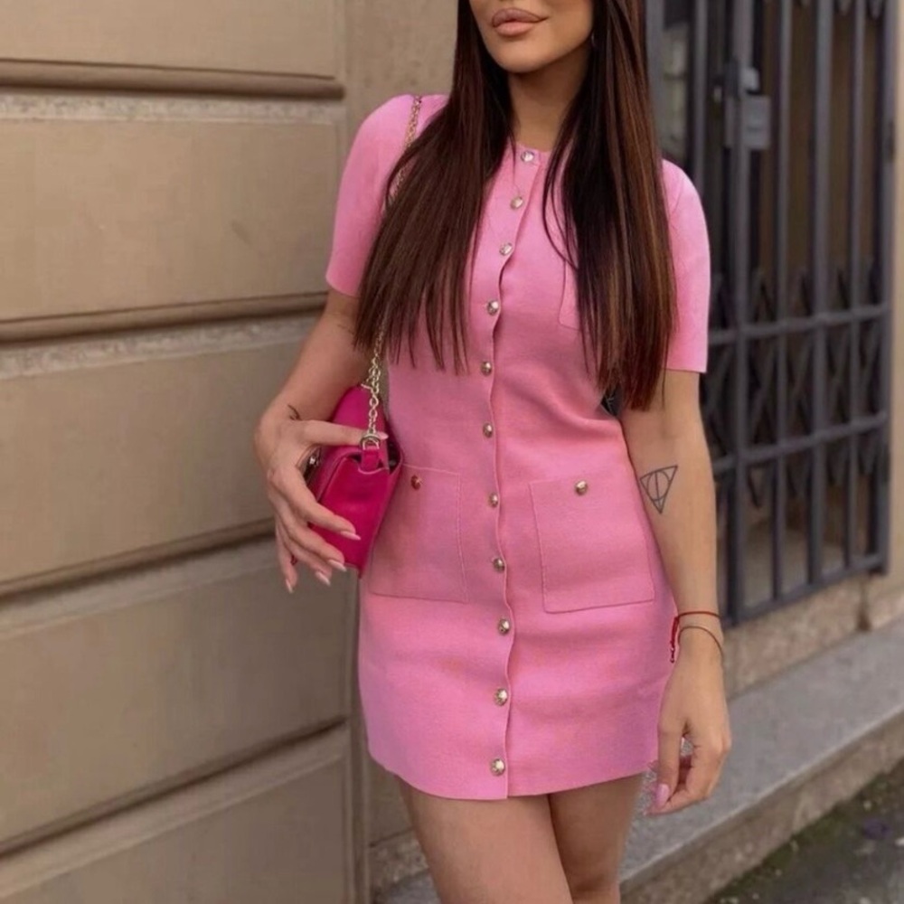 Zara gold button knit mini dress pink